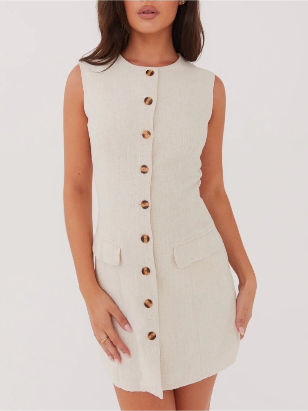 Peppermayo Castello Fiore Linen Sleeveless Mini Dress 6 Oatmeal Front Button
